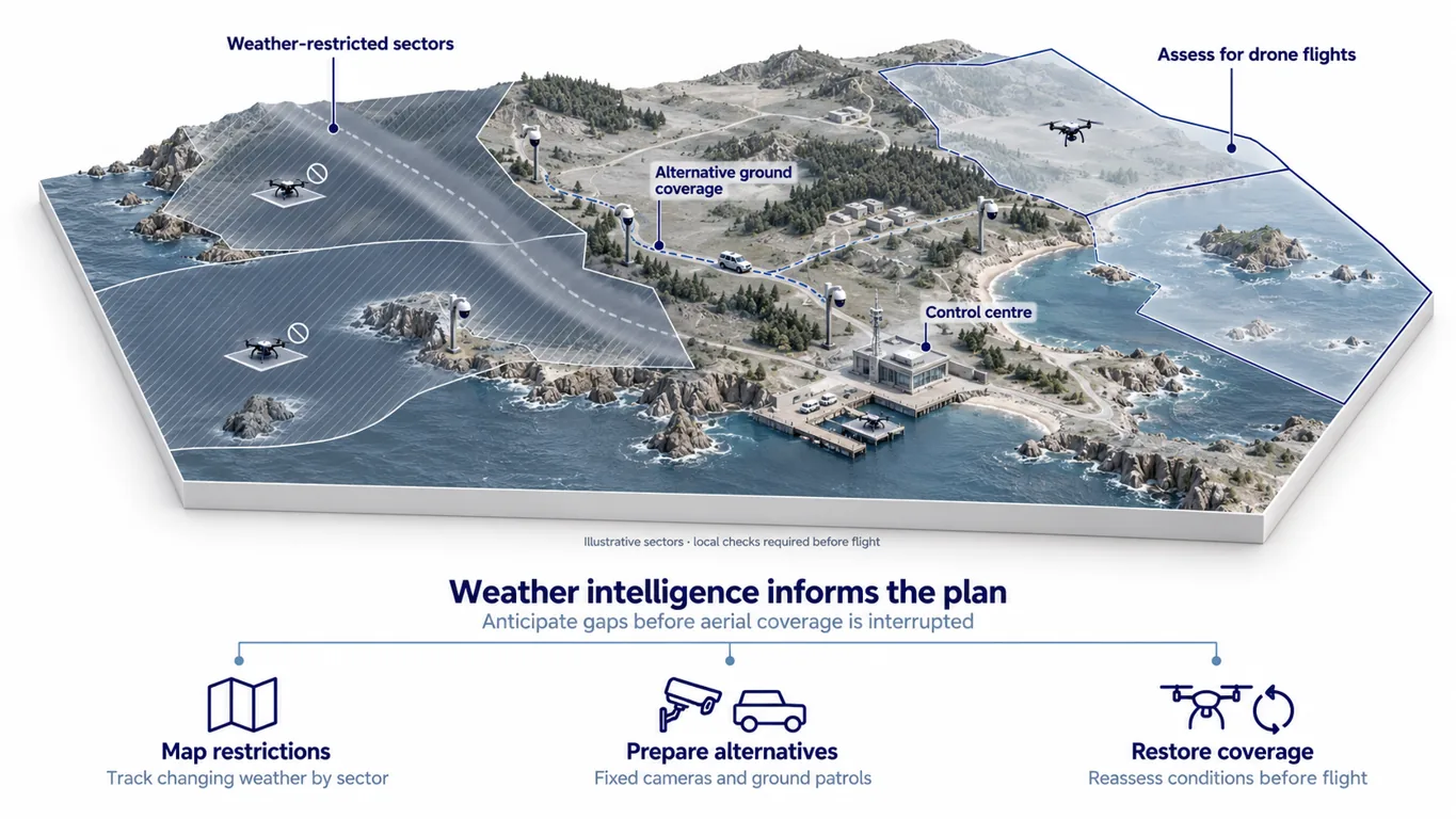 Illustrative coastal sectors with weather restrictions, sectors to assess for drone flights, alternative ground coverage and a control centre. Local checks are required before every flight.