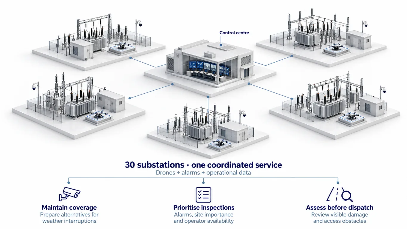 Thirty substations coordinated through one control centre, connecting drones, alarms and operational data to maintain coverage, prioritise inspections and assess damage before dispatch.