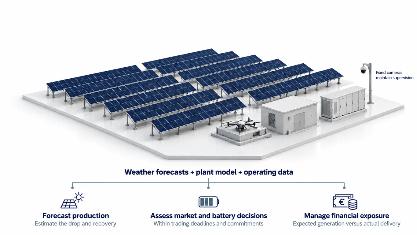 Solar plant with drone inspection and fixed cameras. Weather forecasts, plant models and operating data inform production forecasts, market and battery decisions, and financial exposure.