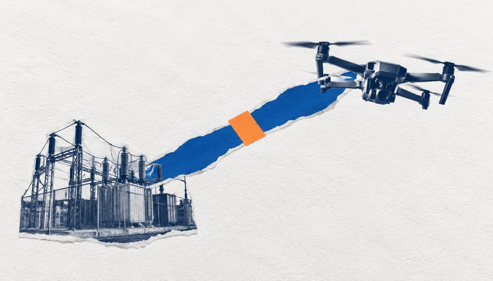 An inspection drone and electrical substation connected by a cobalt torn-paper strip and orange tab