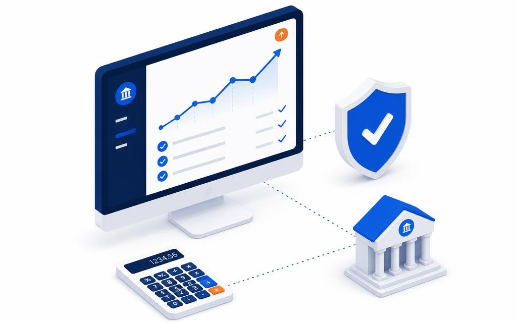 Isometric illustration of a financial model screen with a bankability shield and lender icons