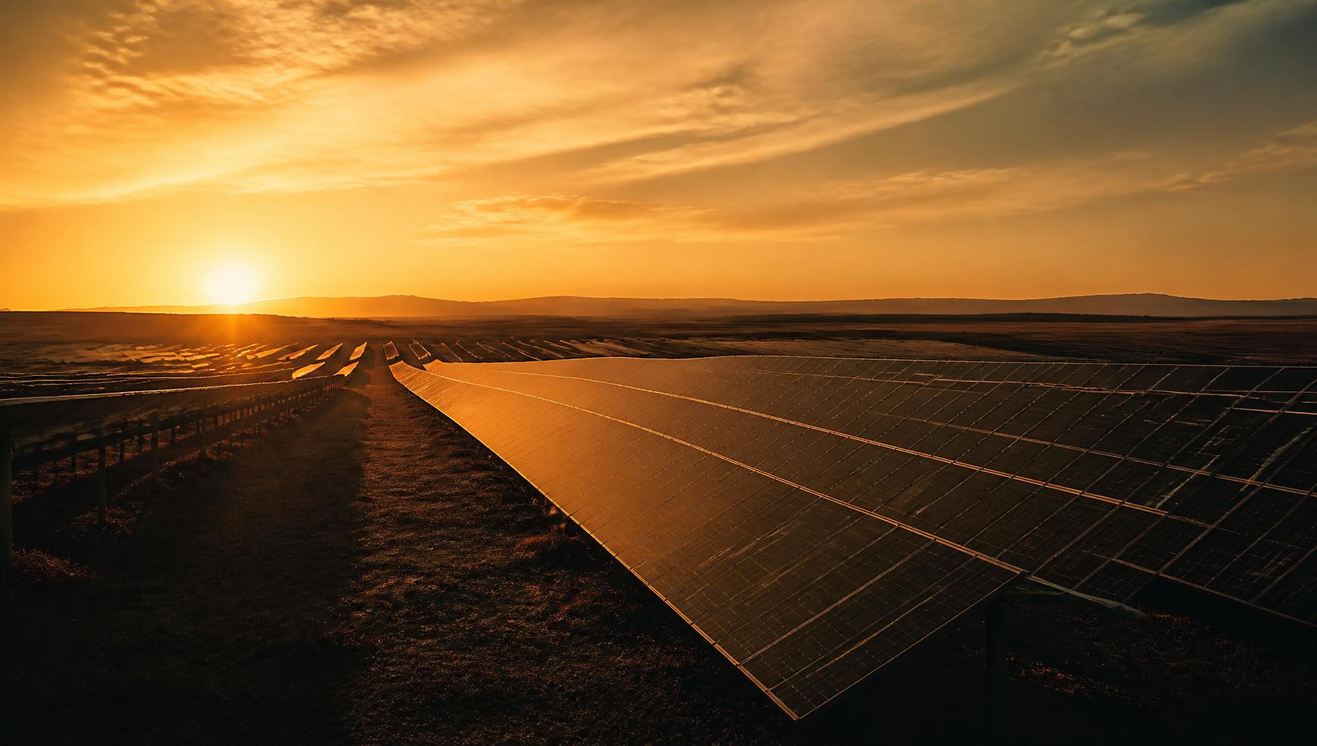 Solar farm at golden hour with warm amber light