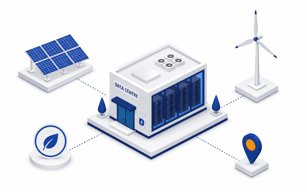 Isometric illustration of a data centre connected to solar, wind and a grid location pin