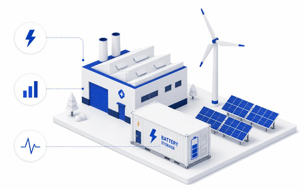 Isometric illustration of an industrial site with battery storage, wind and solar assets